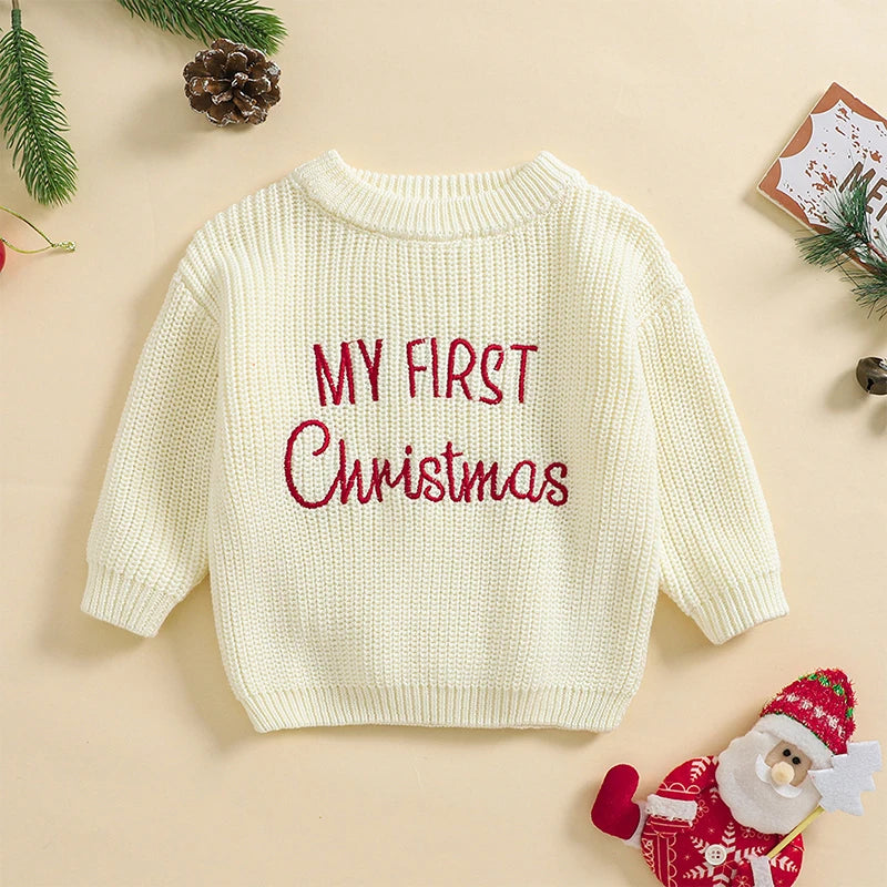 Baby My First Christmas Sweaters Letter Embroidered Knitted Pullover