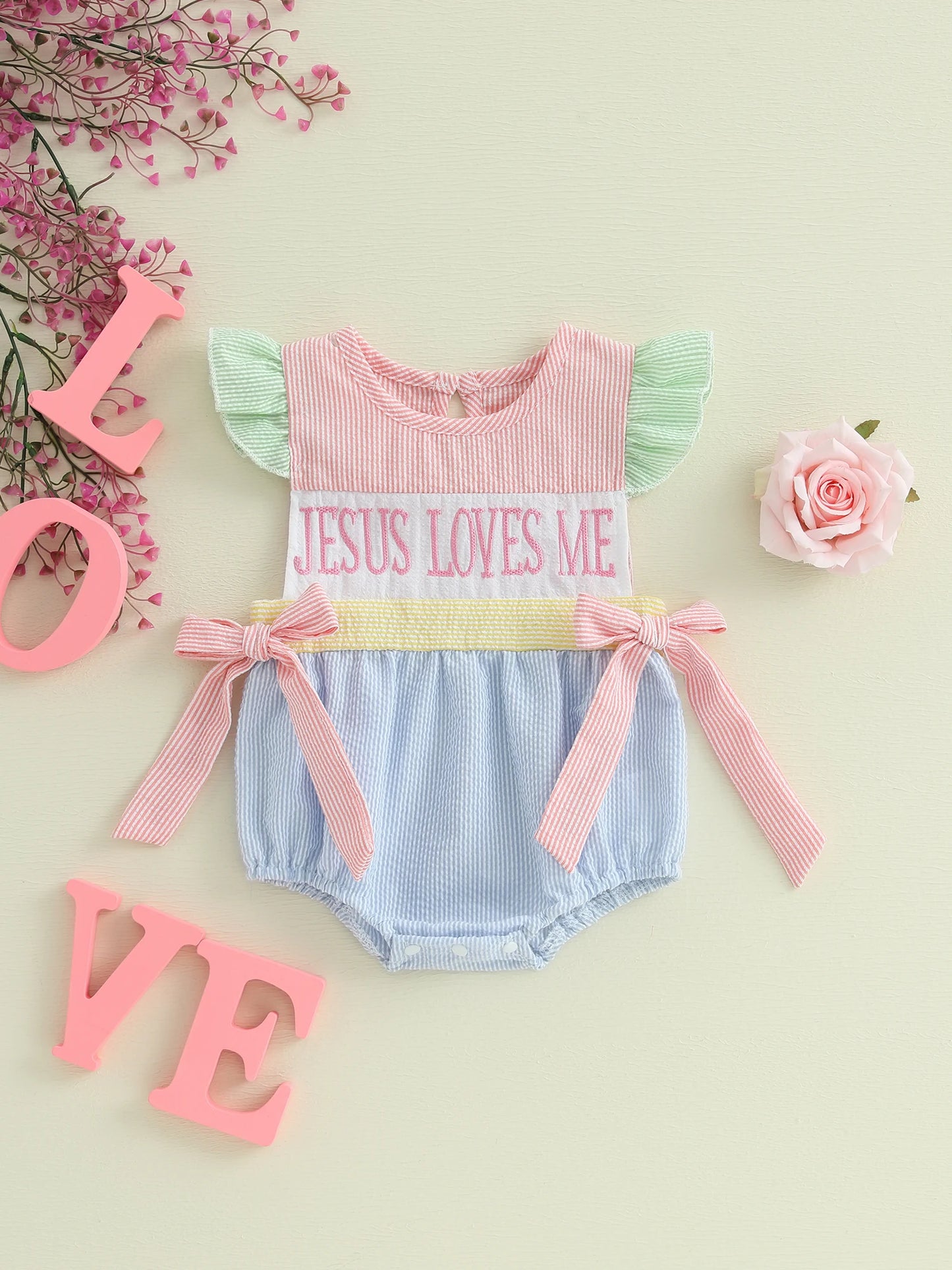 Baby Girl "Jesus Loves Me" Romper Ruffle Sleeveless Newborn Outfit