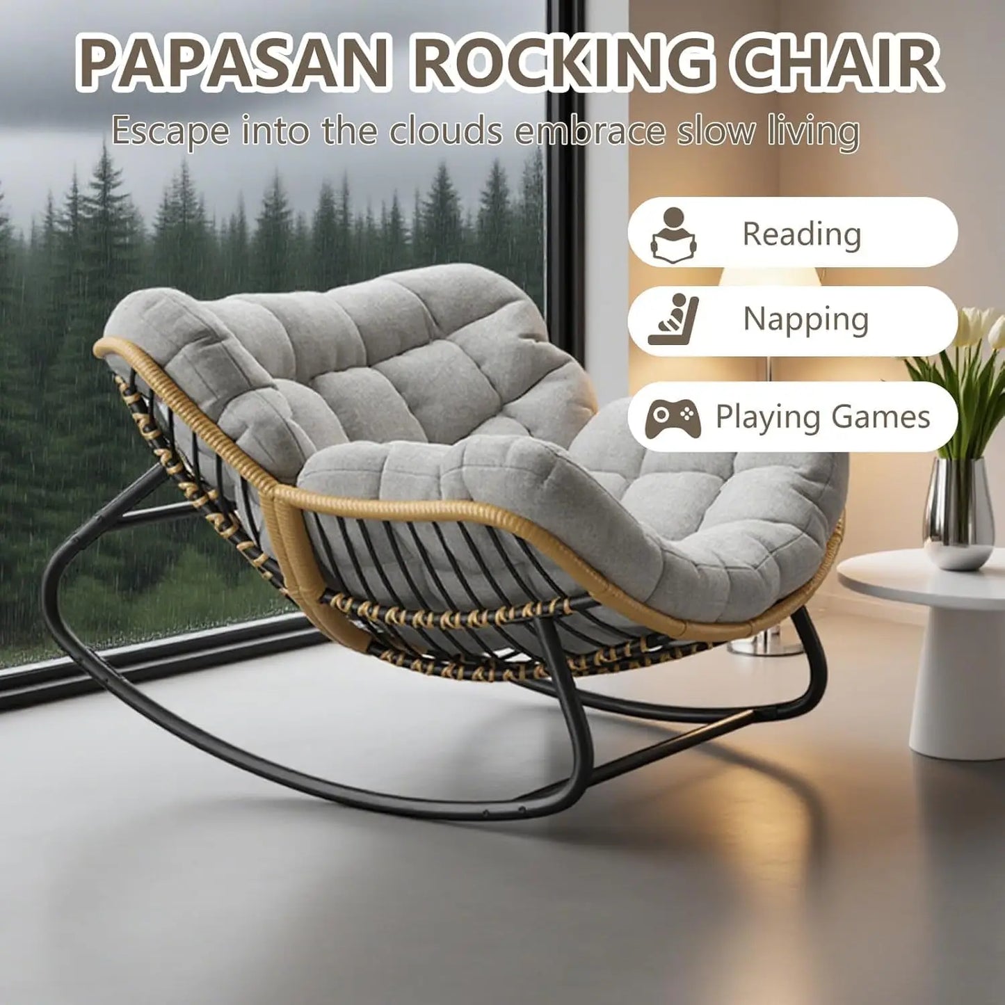 Grey Oversized Papasan Rocking Chair Thick Cushion Rattan Wicker Egg Chair for Indoor Outdoor Patio Bedroom Living Room