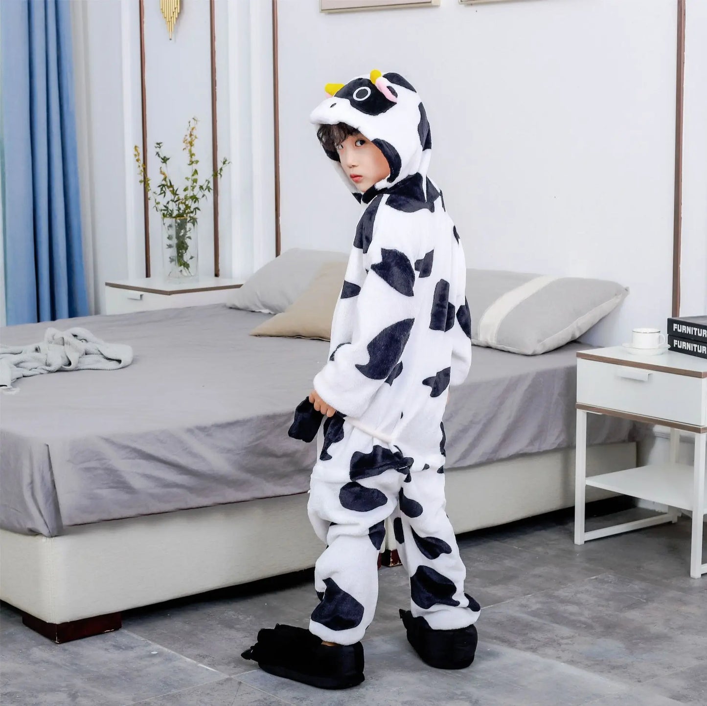 Adults Cow Cartoon Pajama Onesies Jumpsuit Hooded