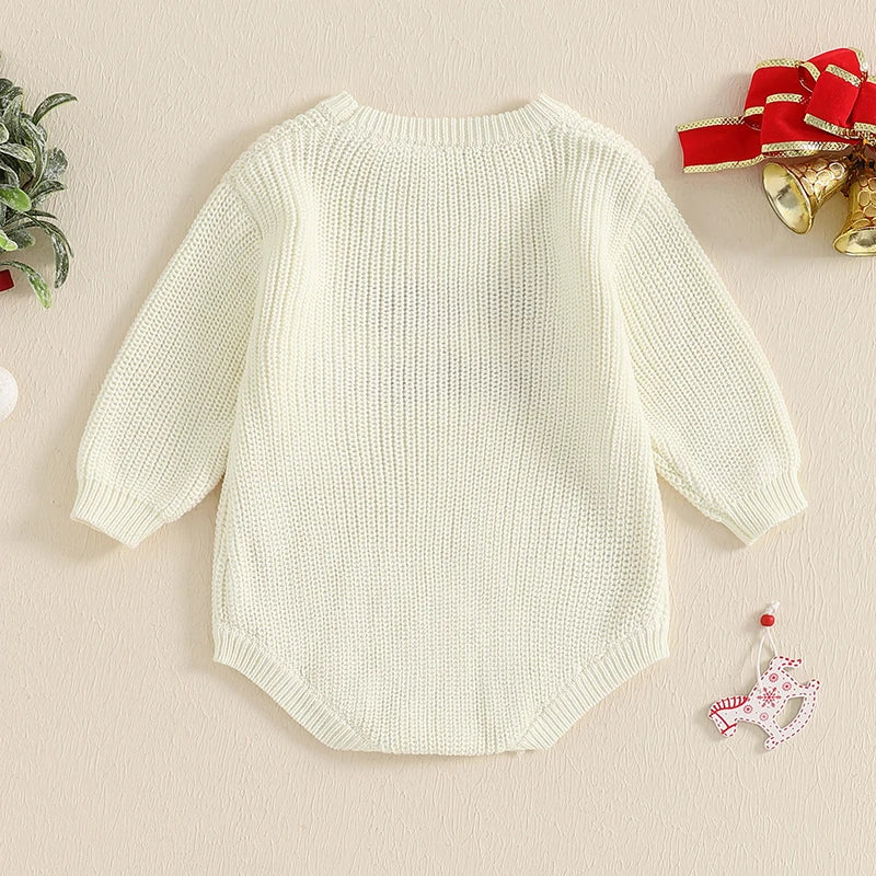 Baby My First Christmas Sweater Romper Embroidery Long Sleeve Crew Neck