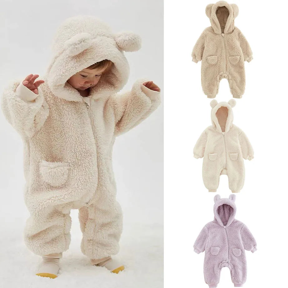 Fuzzy Bear Baby Rompers Warm Fleece Outwear Jumpsuits