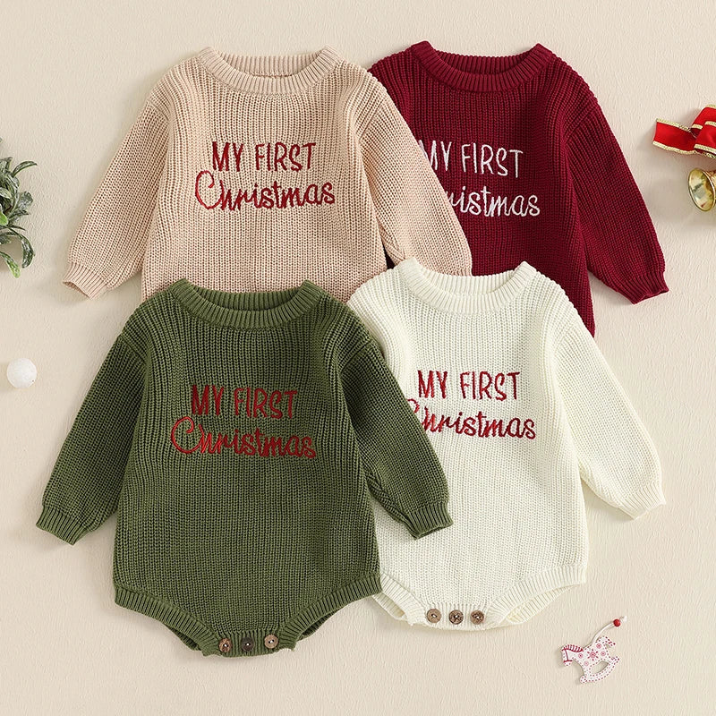 Baby My First Christmas Sweater Romper Embroidery Long Sleeve Crew Neck