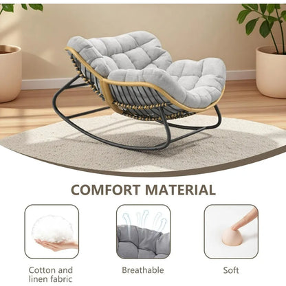 Grey Oversized Papasan Rocking Chair Thick Cushion Rattan Wicker Egg Chair for Indoor Outdoor Patio Bedroom Living Room