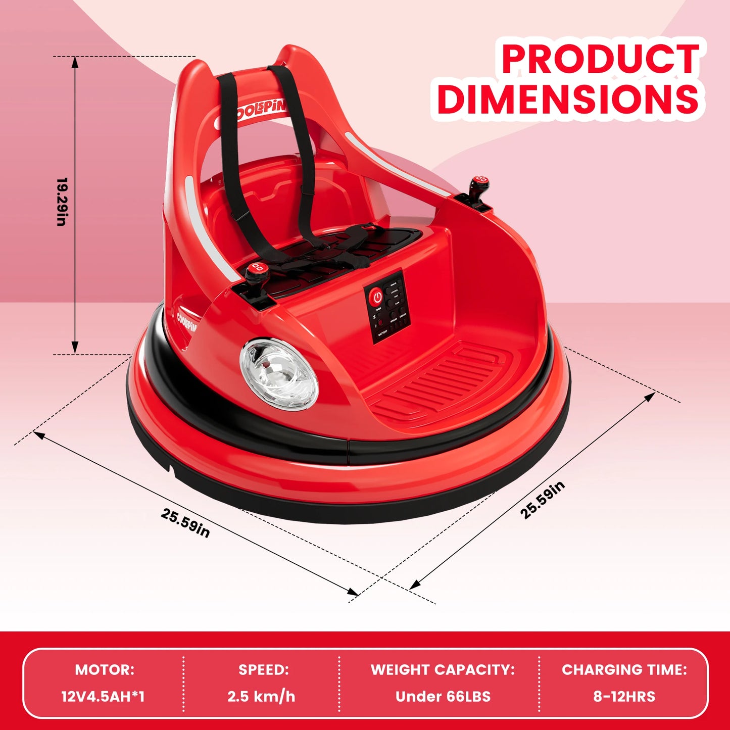 12V Bumper Car for Toddlers Electric Ride On Toys for Kids 1-6 Years LED Lights, 360 Degree Spin, Supports up to 66lbs