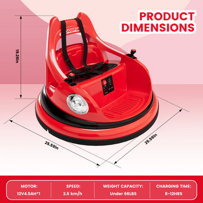 12V Bumper Car for Toddlers Electric Ride On Toys for Kids 1-6 Years LED Lights, 360 Degree Spin, Supports up to 66lbs