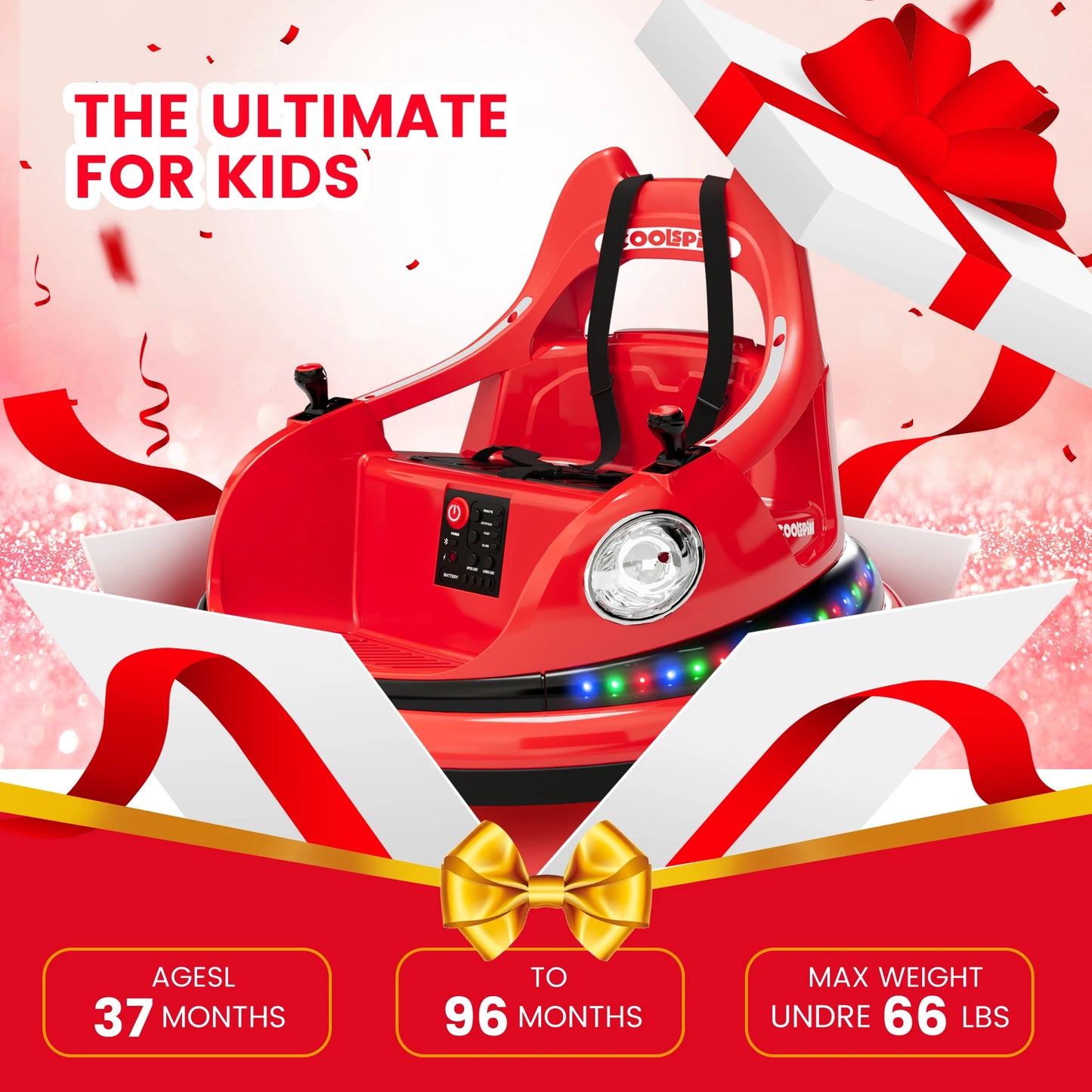12V Bumper Car for Toddlers Electric Ride On Toys for Kids 1-6 Years LED Lights, 360 Degree Spin, Supports up to 66lbs