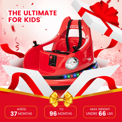 12V Bumper Car for Toddlers Electric Ride On Toys for Kids 1-6 Years LED Lights, 360 Degree Spin, Supports up to 66lbs