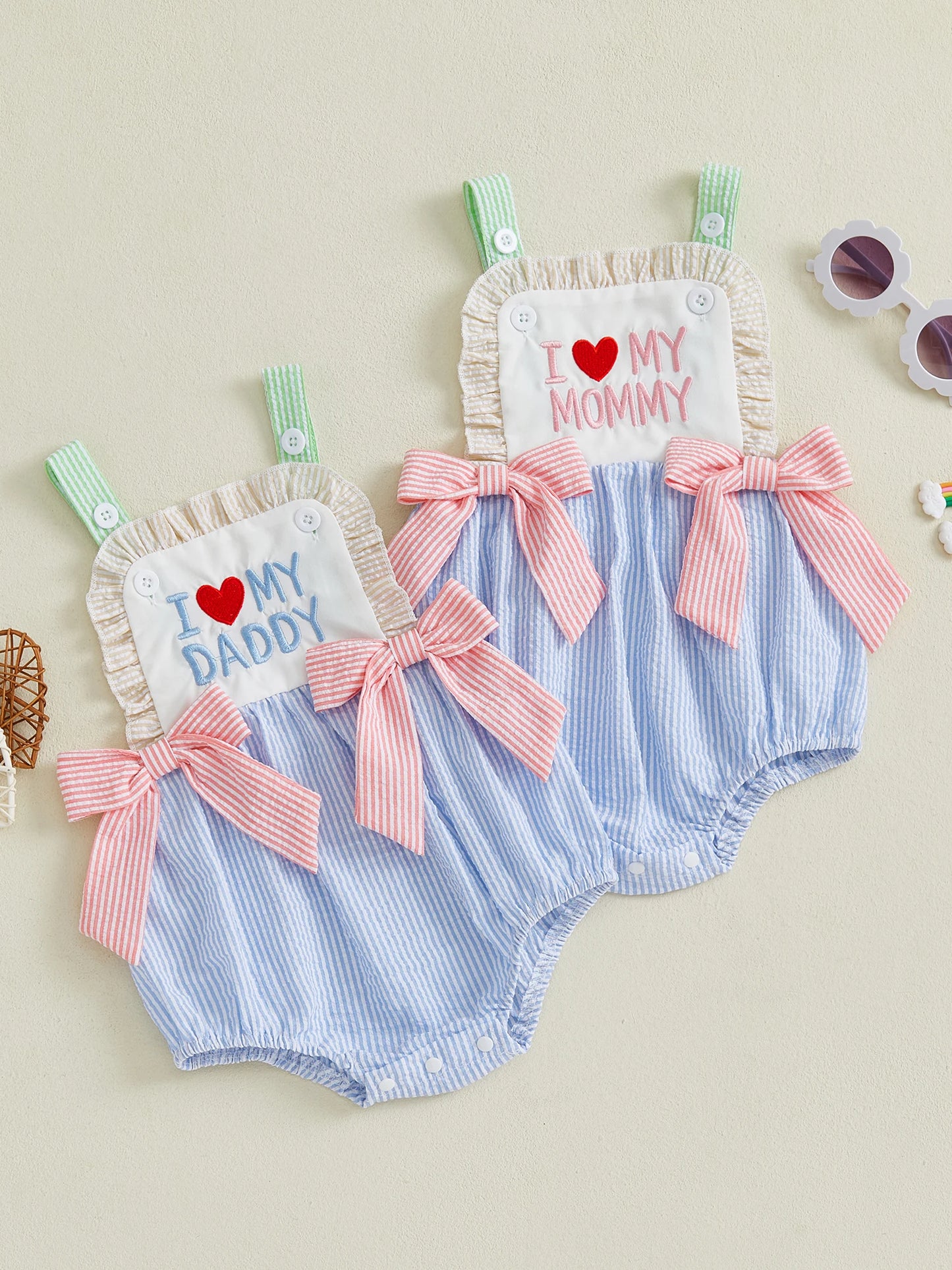 Romper Sleeveless Square Neck Bow Front Stripes Print Bodysuit Newborn Playsuit