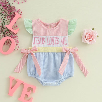 Baby Girl "Jesus Loves Me" Romper Ruffle Sleeveless Newborn Outfit