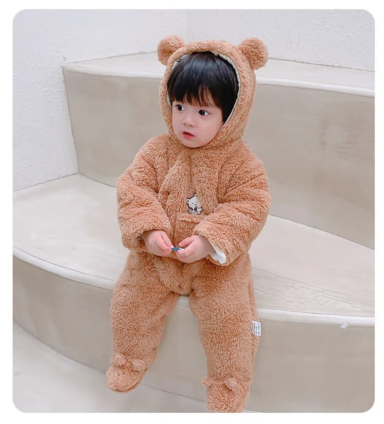 Cute Plush Bear Romper Overall Jumpsuit Spring Autumn Hooded Rompers 0 3 6 9 12 Months Newborn Clothes