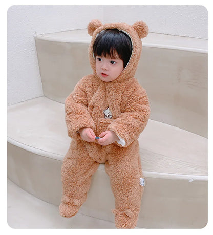 Cute Plush Bear Romper Overall Jumpsuit Spring Autumn Hooded Rompers 0 3 6 9 12 Months Newborn Clothes