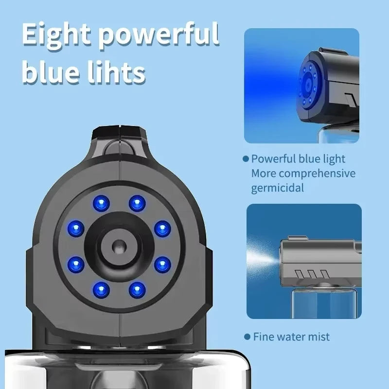 Barber Sprayer Bottle 280ML Steam Spray Sprayer Bottle Handheld USB Nano Blue Light Electric Household Spray Disinfection Gun