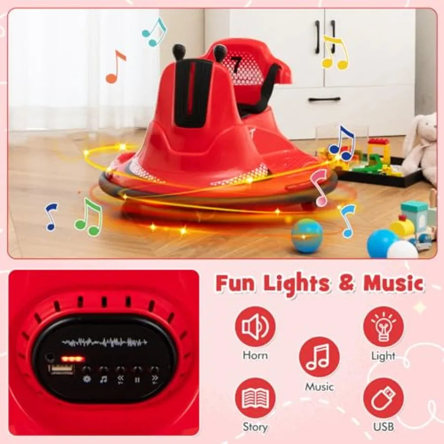 12V Ride On Bumper Car Electric Bumper Car w/Dual Joysticks Remote Control 360° Spin Slow Start Function LED Lights