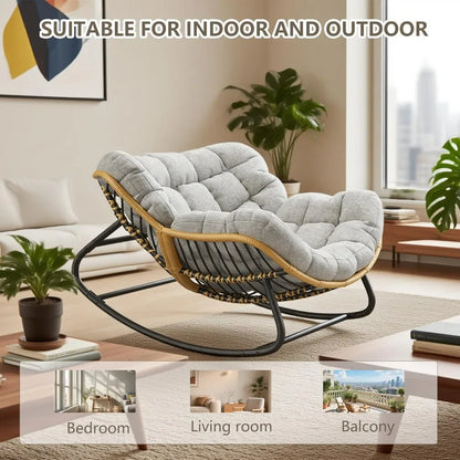 Grey Oversized Papasan Rocking Chair Thick Cushion Rattan Wicker Egg Chair for Indoor Outdoor Patio Bedroom Living Room