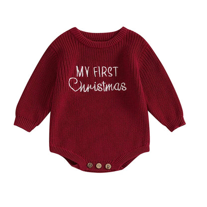 Baby My First Christmas Sweater Romper Embroidery Long Sleeve Crew Neck