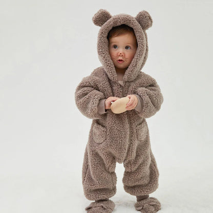 Fuzzy Bear Baby Rompers Warm Fleece Outwear Jumpsuits
