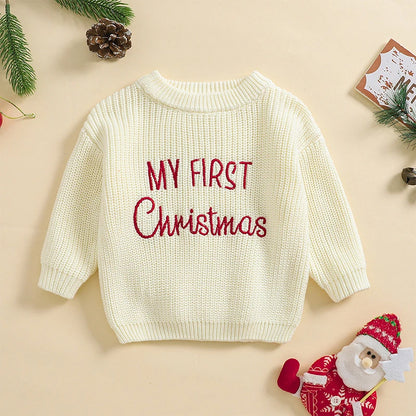 Baby My First Christmas Sweaters Letter Embroidered Knitted Pullover