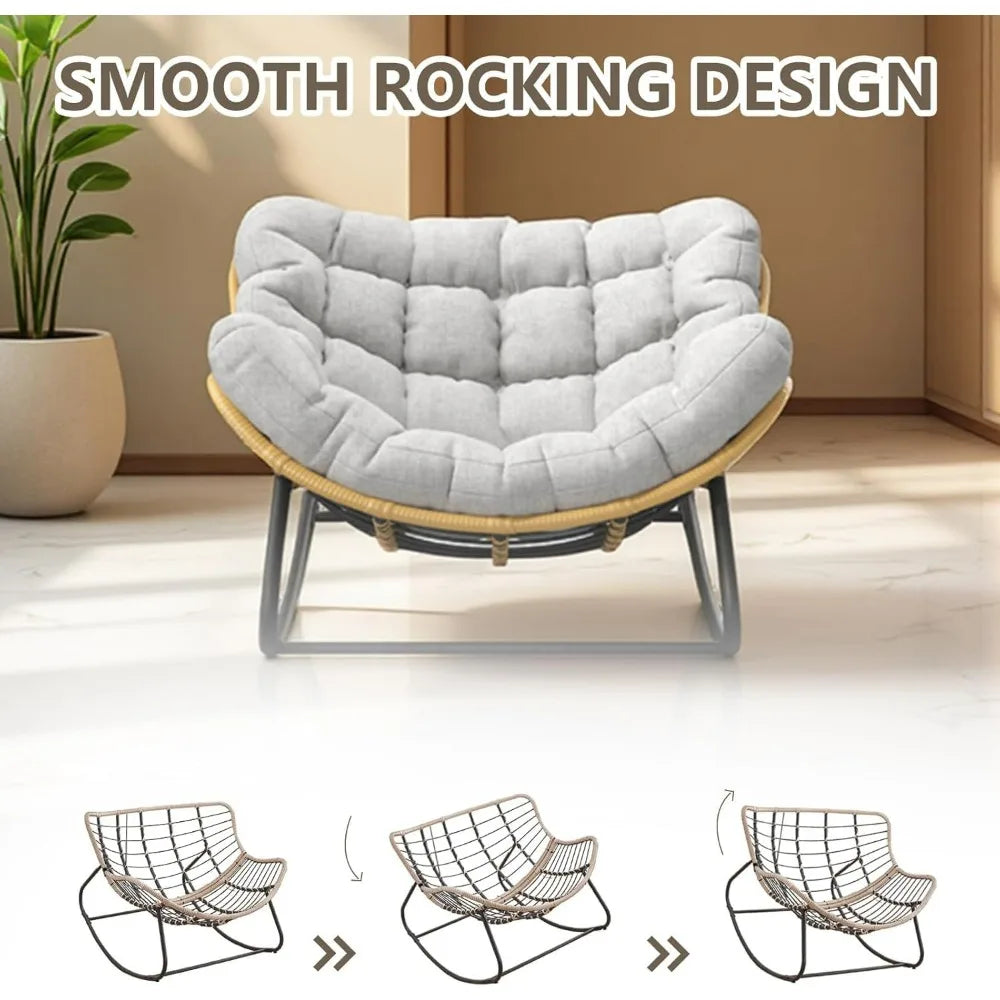 Grey Oversized Papasan Rocking Chair Thick Cushion Rattan Wicker Egg Chair for Indoor Outdoor Patio Bedroom Living Room