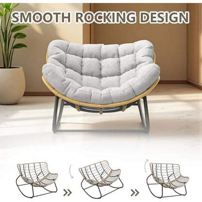 Grey Oversized Papasan Rocking Chair Thick Cushion Rattan Wicker Egg Chair for Indoor Outdoor Patio Bedroom Living Room