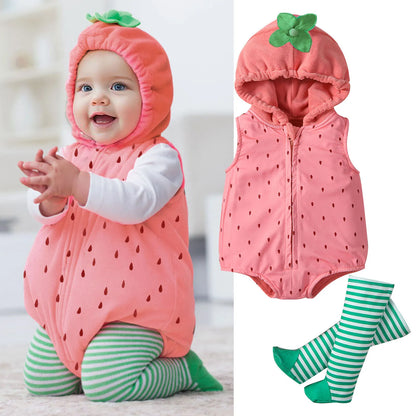 Cute Strawberry Baby Romper Clothes Zip-up Hooded