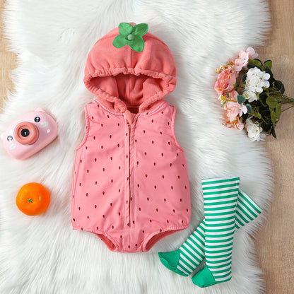 Cute Strawberry Baby Romper Clothes Zip-up Hooded