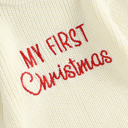 Baby My First Christmas Sweater Romper Embroidery Long Sleeve Crew Neck