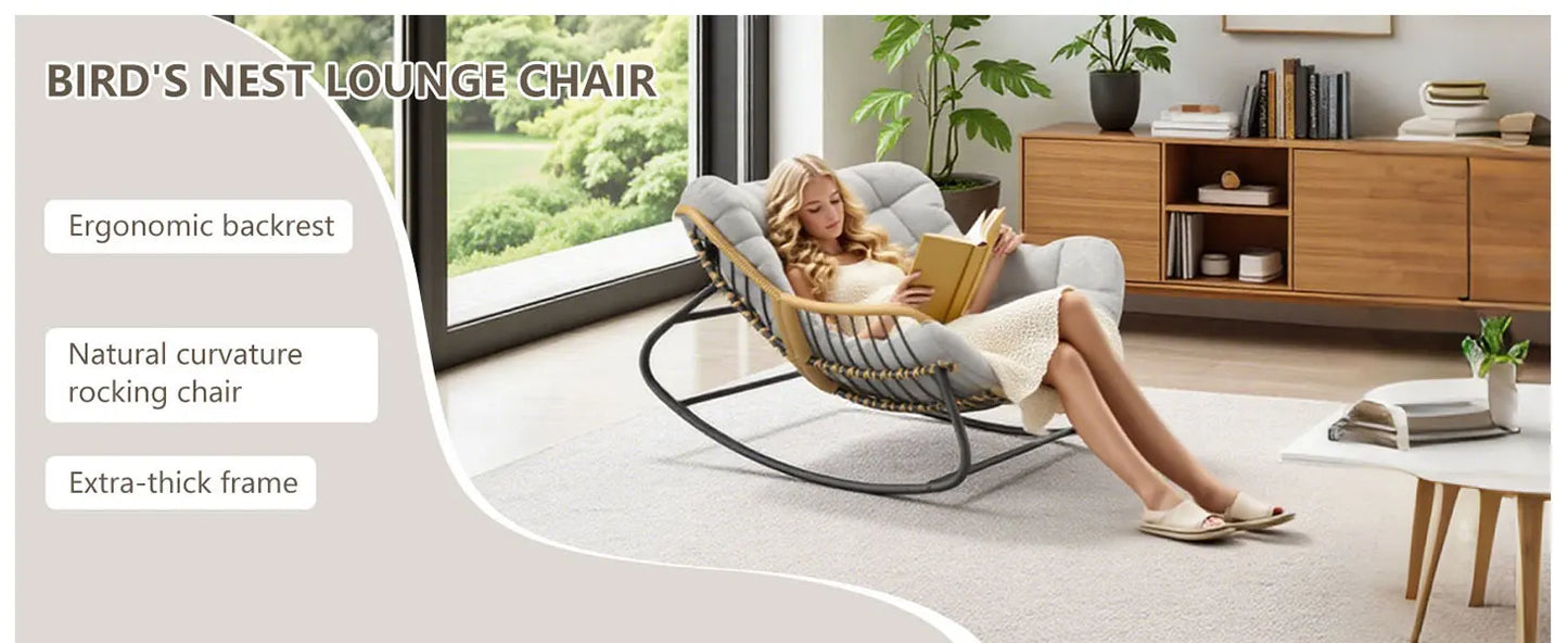 Grey Oversized Papasan Rocking Chair Thick Cushion Rattan Wicker Egg Chair for Indoor Outdoor Patio Bedroom Living Room