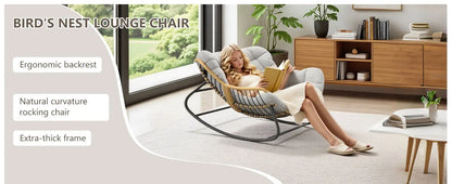 Grey Oversized Papasan Rocking Chair Thick Cushion Rattan Wicker Egg Chair for Indoor Outdoor Patio Bedroom Living Room