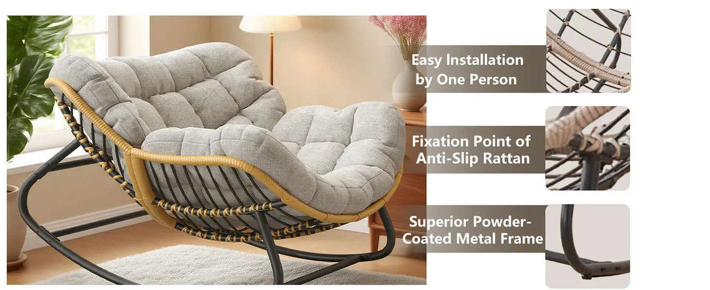 Grey Oversized Papasan Rocking Chair Thick Cushion Rattan Wicker Egg Chair for Indoor Outdoor Patio Bedroom Living Room