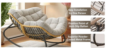 Grey Oversized Papasan Rocking Chair Thick Cushion Rattan Wicker Egg Chair for Indoor Outdoor Patio Bedroom Living Room