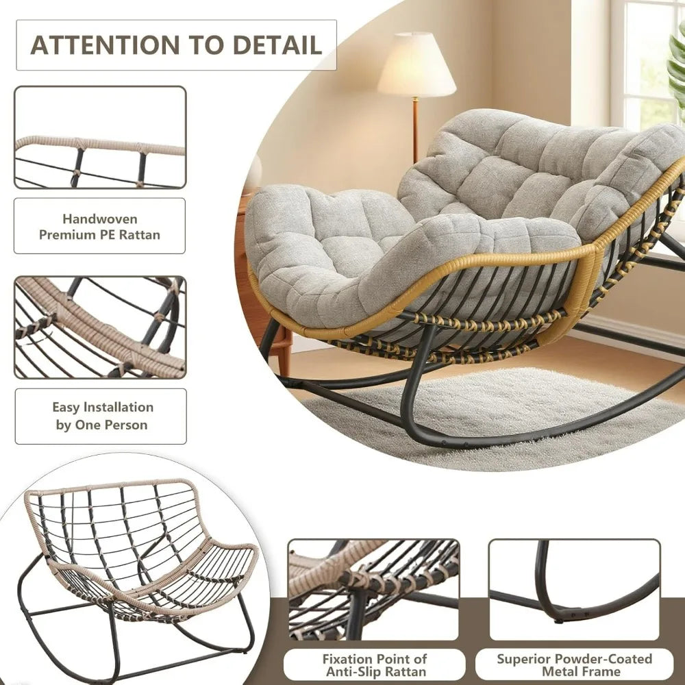 Grey Oversized Papasan Rocking Chair Thick Cushion Rattan Wicker Egg Chair for Indoor Outdoor Patio Bedroom Living Room