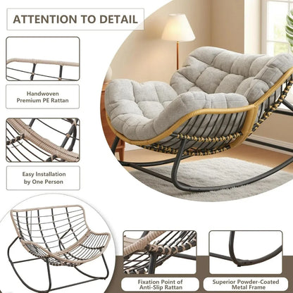 Grey Oversized Papasan Rocking Chair Thick Cushion Rattan Wicker Egg Chair for Indoor Outdoor Patio Bedroom Living Room