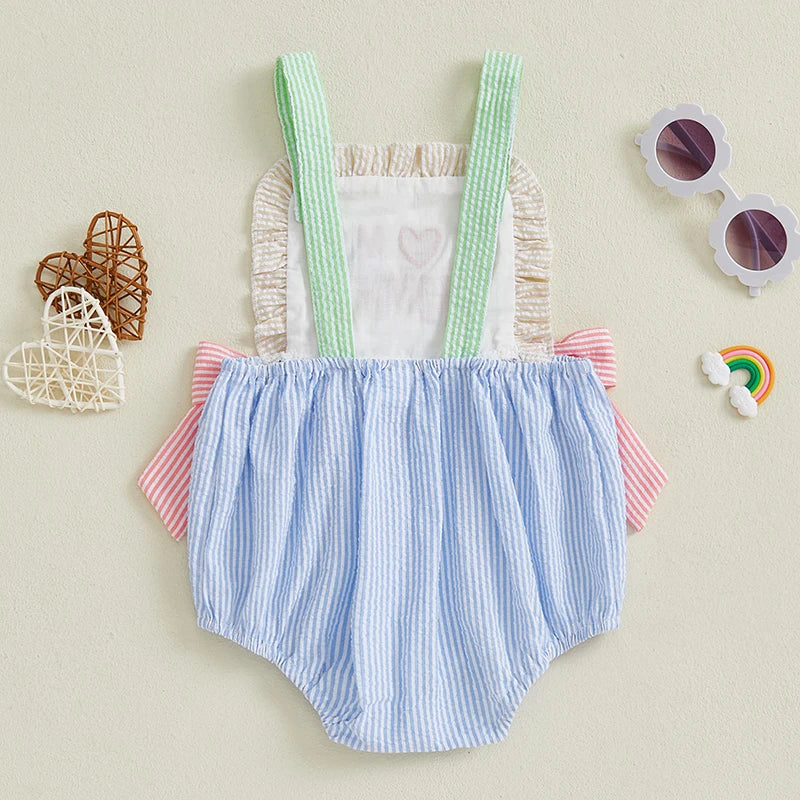 Romper Sleeveless Square Neck Bow Front Stripes Print Bodysuit Newborn Playsuit