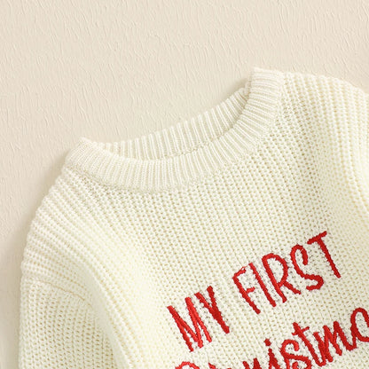 Baby My First Christmas Sweater Romper Embroidery Long Sleeve Crew Neck