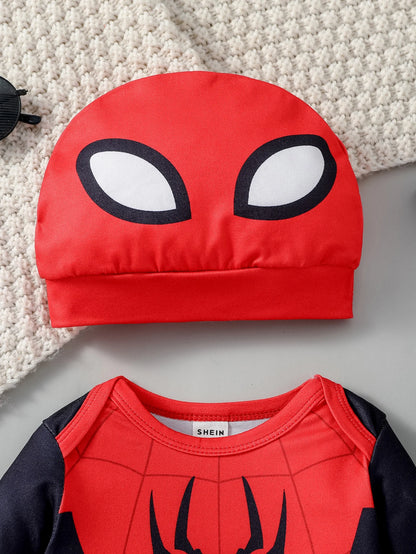 2PCS New Style Boys Cartoon Spider Long Sleeve Cool Fashion Jumpsuit All Seasons +Hat