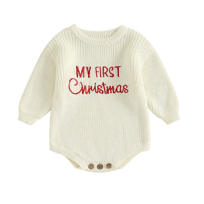 Baby My First Christmas Sweater Romper Embroidery Long Sleeve Crew Neck