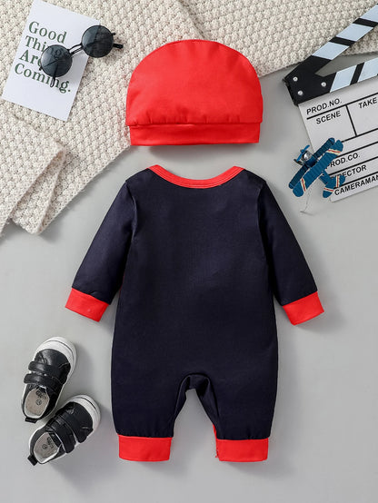 2PCS New Style Boys Cartoon Spider Long Sleeve Cool Fashion Jumpsuit All Seasons +Hat