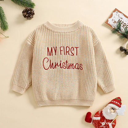 Baby My First Christmas Sweaters Letter Embroidered Knitted Pullover