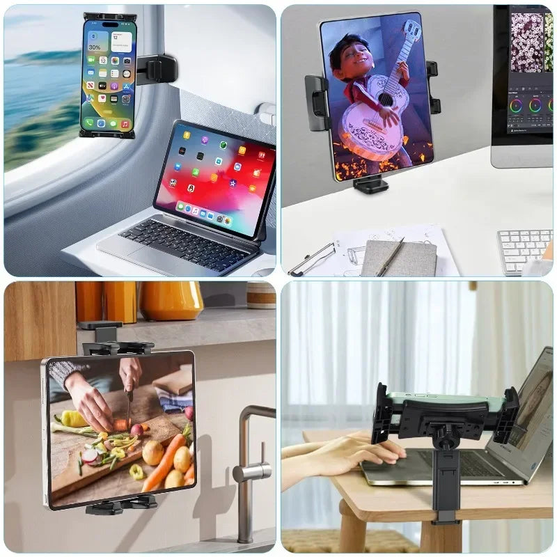 Portable Foldable Airplane Phone Holder Tablet Mount for Car Travel Desk Edge 360° Degree Rotation Adjustable HandsFree Stand