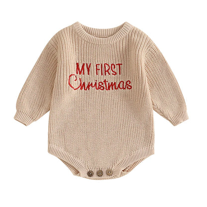 Baby My First Christmas Sweater Romper Embroidery Long Sleeve Crew Neck