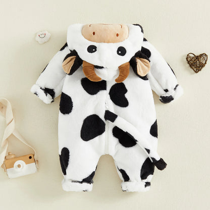 Cow Costume Romper Long Sleeve Hooded Fall Bodysuit Cosplay Costume Halloween Clothes for GirlsBoys