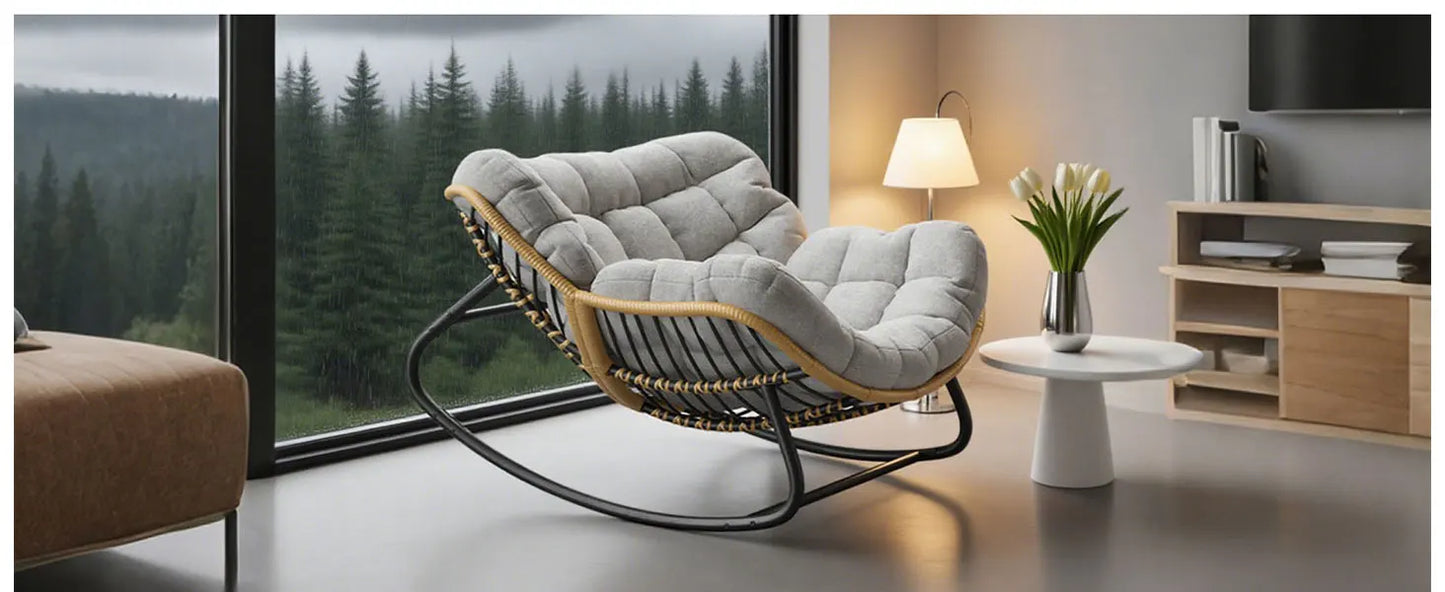 Grey Oversized Papasan Rocking Chair Thick Cushion Rattan Wicker Egg Chair for Indoor Outdoor Patio Bedroom Living Room