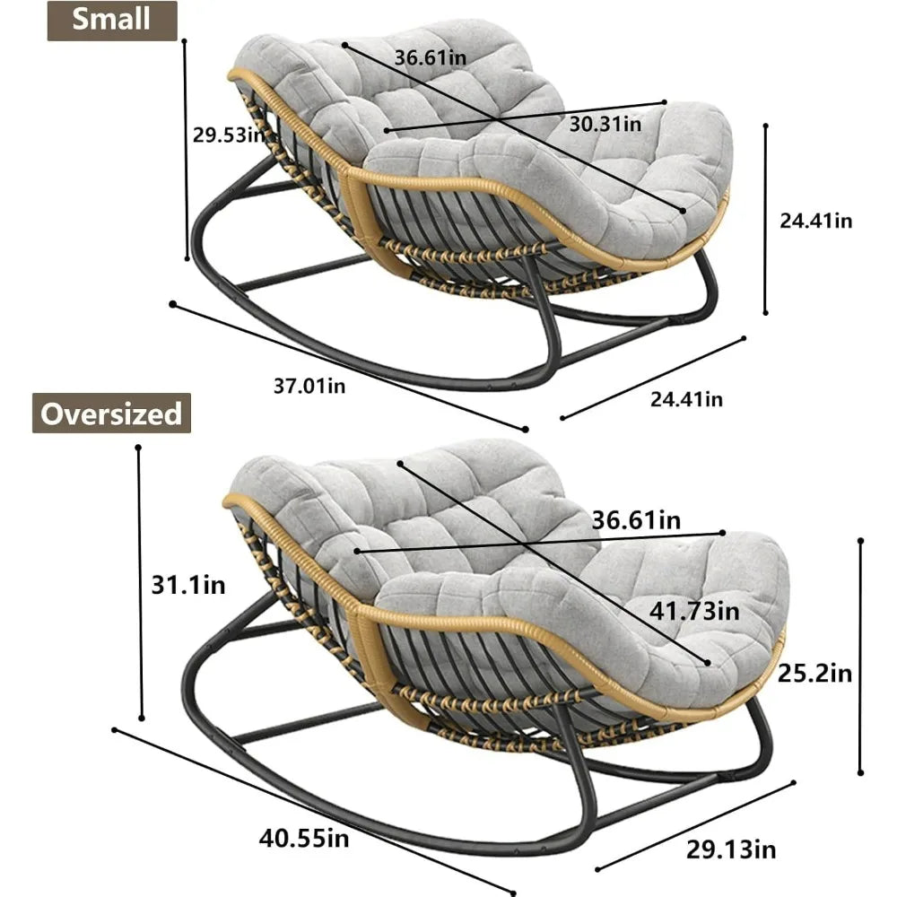 Grey Oversized Papasan Rocking Chair Thick Cushion Rattan Wicker Egg Chair for Indoor Outdoor Patio Bedroom Living Room