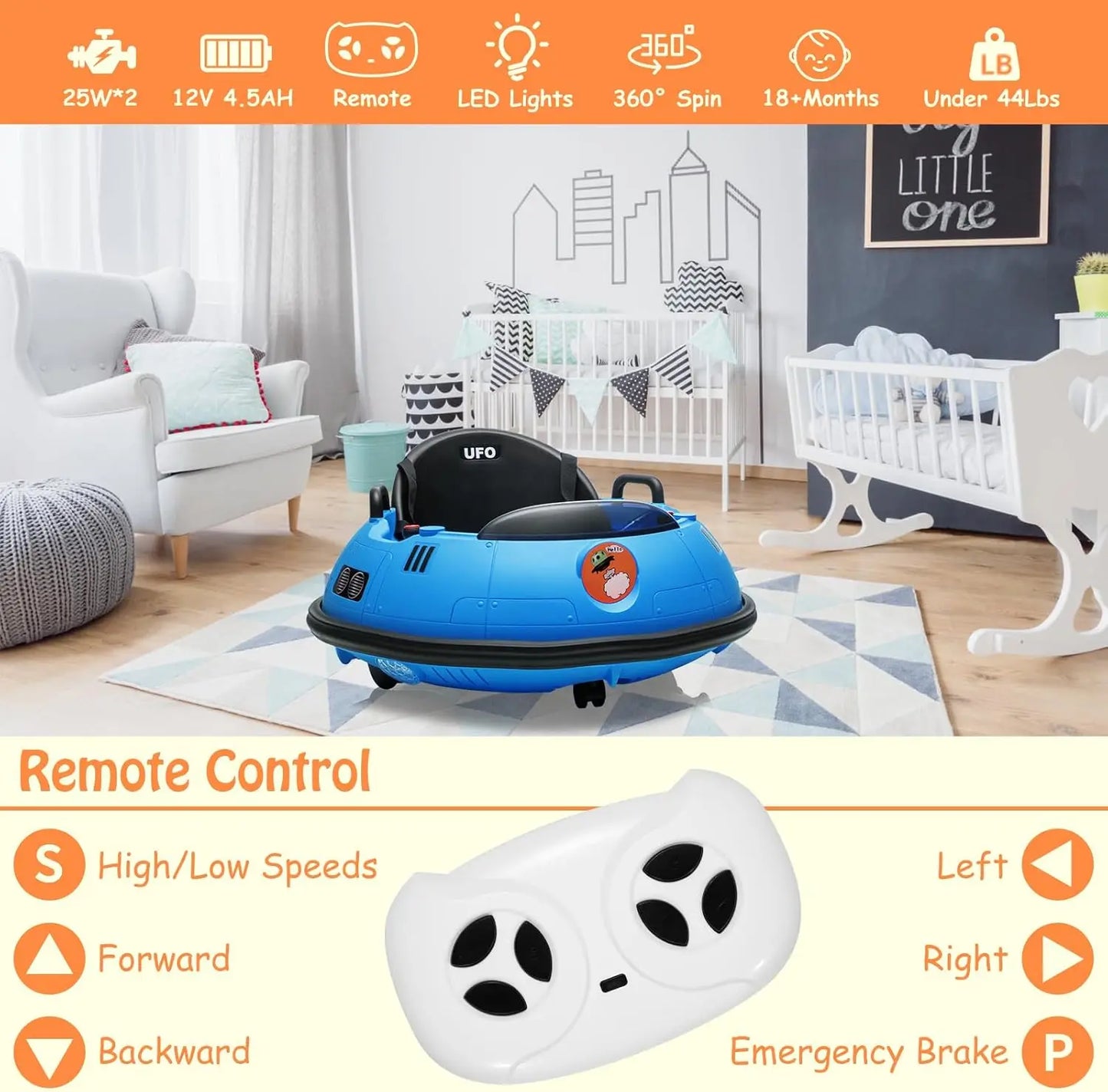 12V Kids Bumper Car with Remote Control,360° Spin,LED Lights,Safety Belt & Music,Electric Ride On Toy for Toddlers 18+ Months