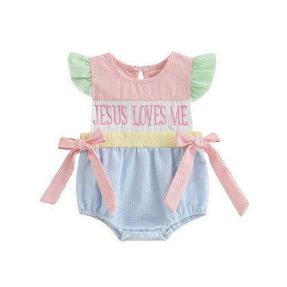 Baby Girl "Jesus Loves Me" Romper Ruffle Sleeveless Newborn Outfit