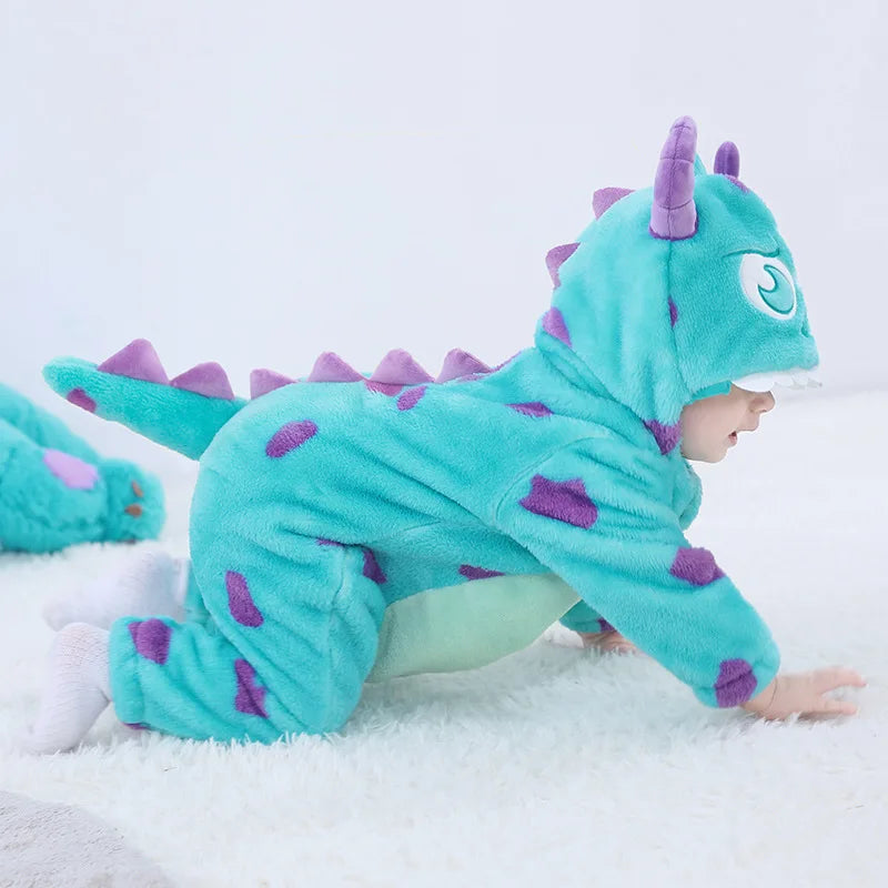 Baby Romper Blue Dino Polka Dot Warm Onesie Newborn Clothes Halloween Costumes Cartoon Toddler Outfit