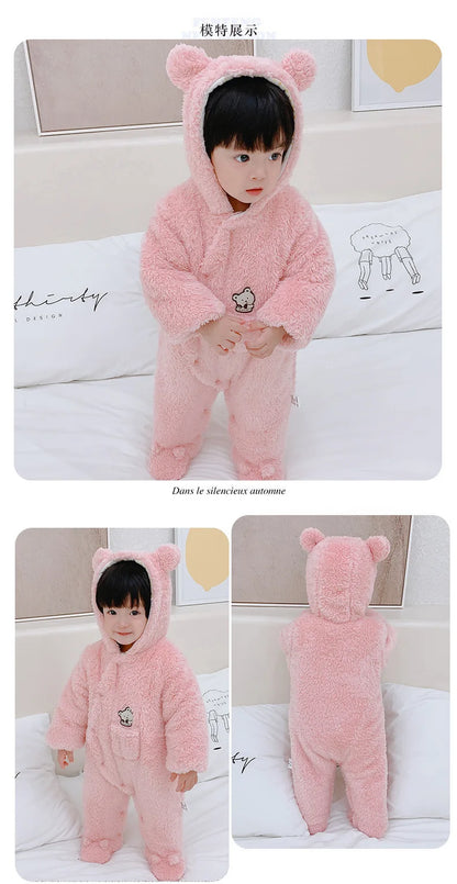 Cute Plush Bear Romper Overall Jumpsuit Spring Autumn Hooded Rompers 0 3 6 9 12 Months Newborn Clothes