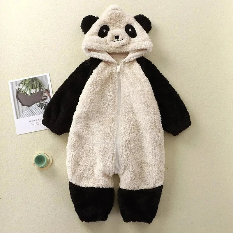 Romper Fleece Cartoon Panda Bunny Hooded Jumpsuit for Boy Girl Clothes Soft Loungewear Thicken Onesie