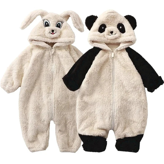 Romper Fleece Cartoon Panda Bunny Hooded Jumpsuit for Boy Girl Clothes Soft Loungewear Thicken Onesie
